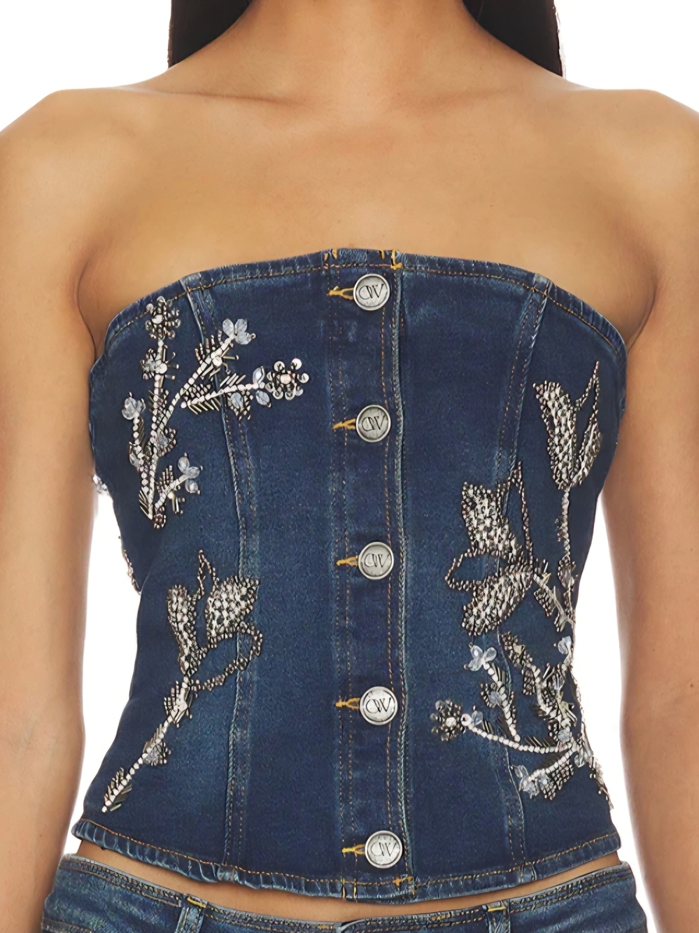OW COLLECTION NOVA EMBELLISHED DENIM BUSTIER